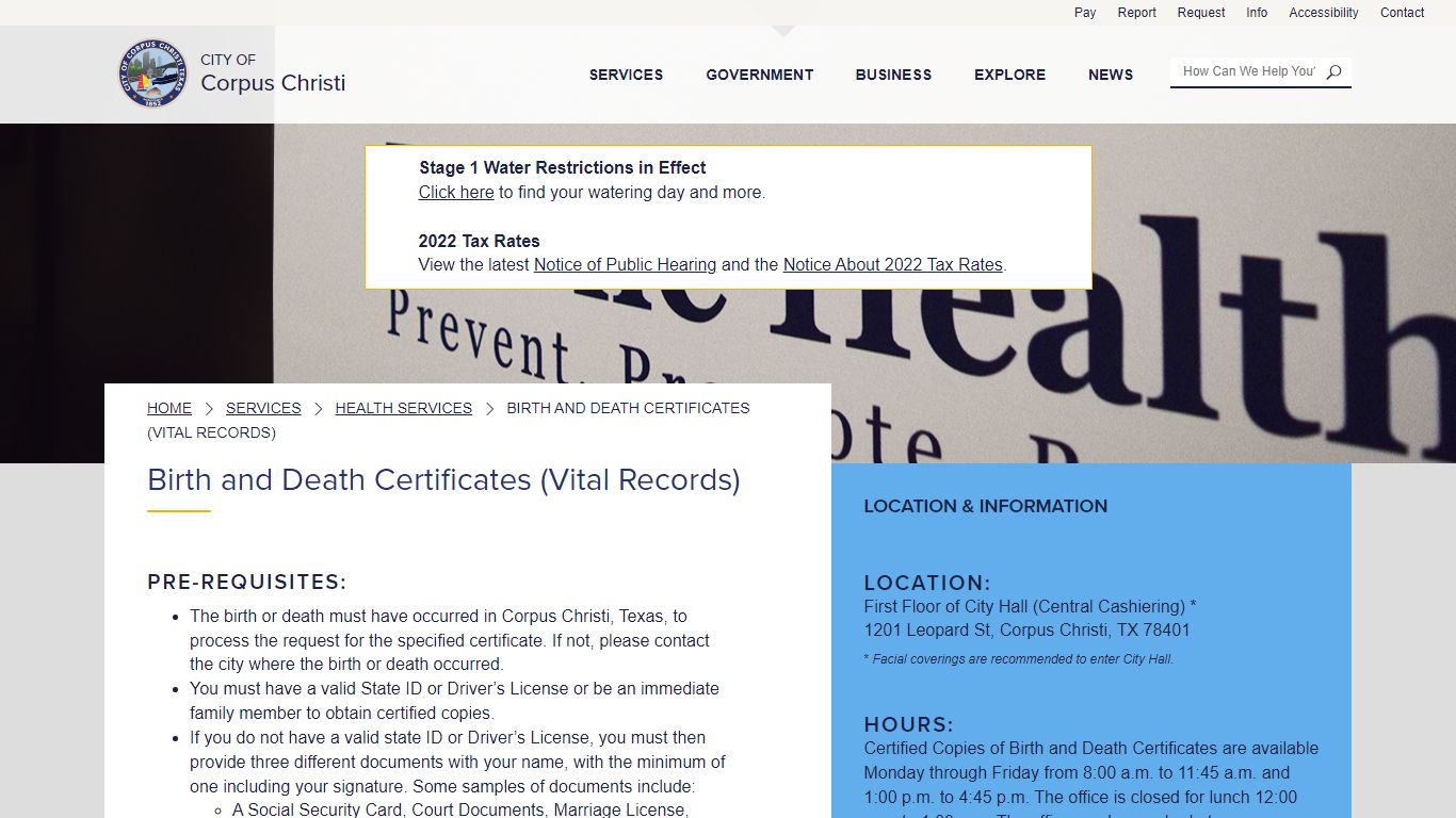 Birth and Death Certificates (Vital Records) - Corpus Christi, Texas