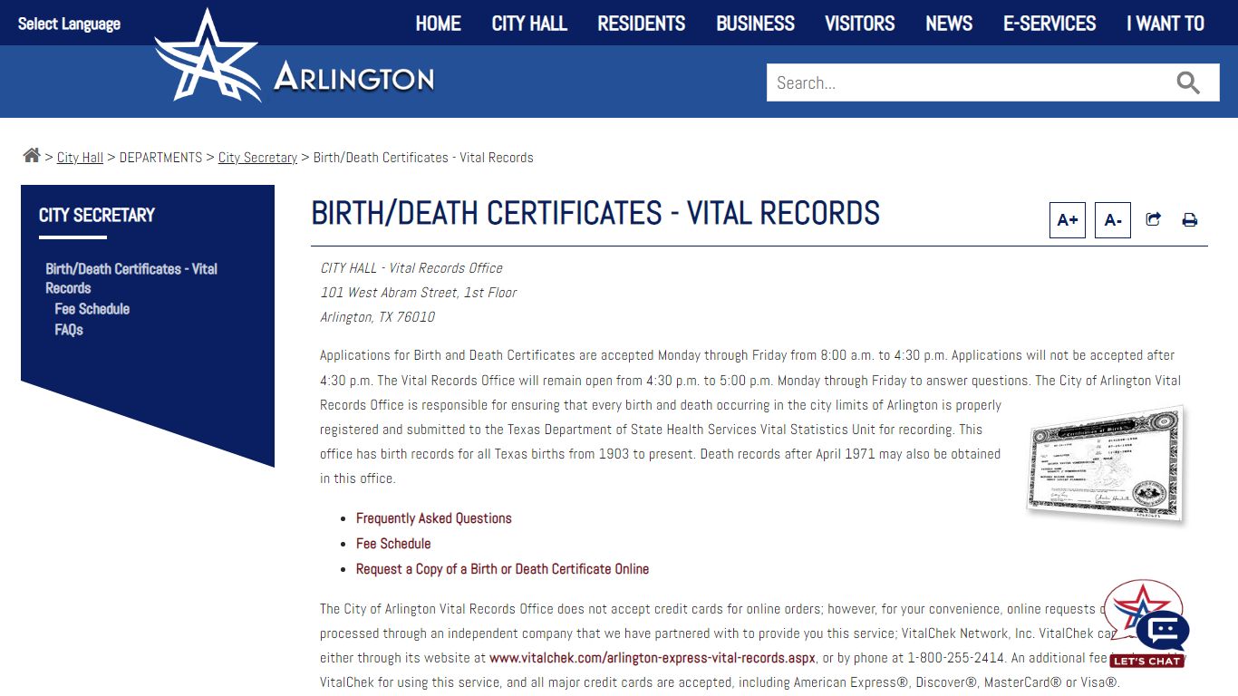 Birth/Death Certificates - Vital Records - City of Arlington